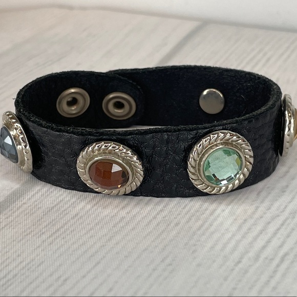 Jewelry - Black Faux Leather & Multicolor Gems Cuff